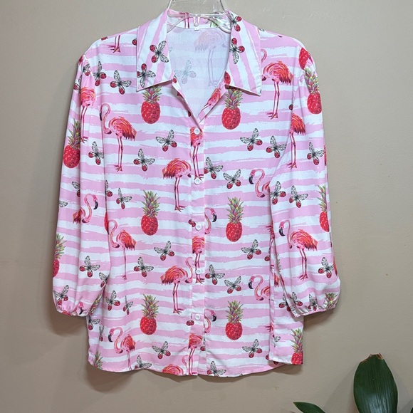 Pink & White Tropical Flamingo Button-Up Blouse - Picture 2 of 8